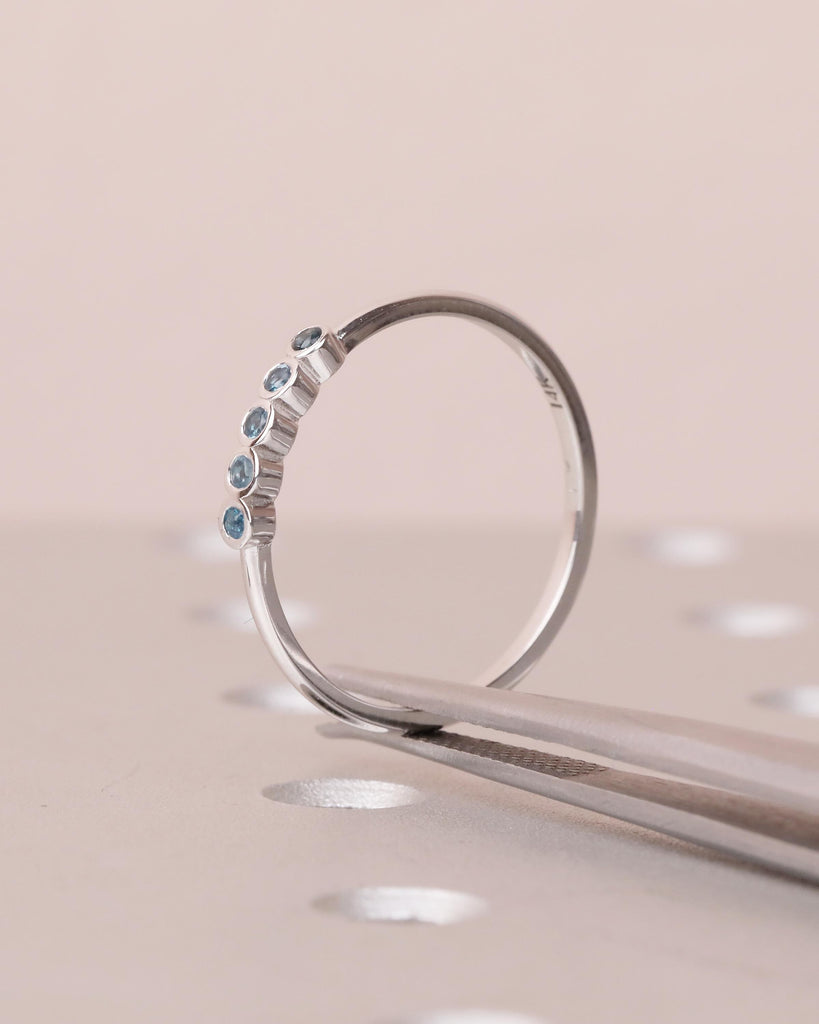 Natural Blue Topaz Ring, Wedding Band Women, Dainty 14k White Gold Stacking Ring, Unique Birthstone Jewelry, 5 Stone Vintage Gemstone Rings image #9