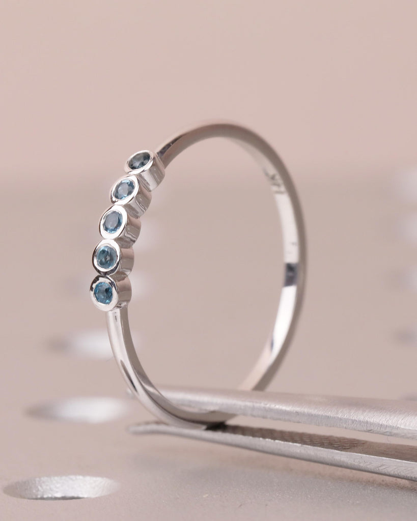 Natural Blue Topaz Ring, Wedding Band Women, Dainty 14k White Gold Stacking Ring, Unique Birthstone Jewelry, 5 Stone Vintage Gemstone Rings image #4