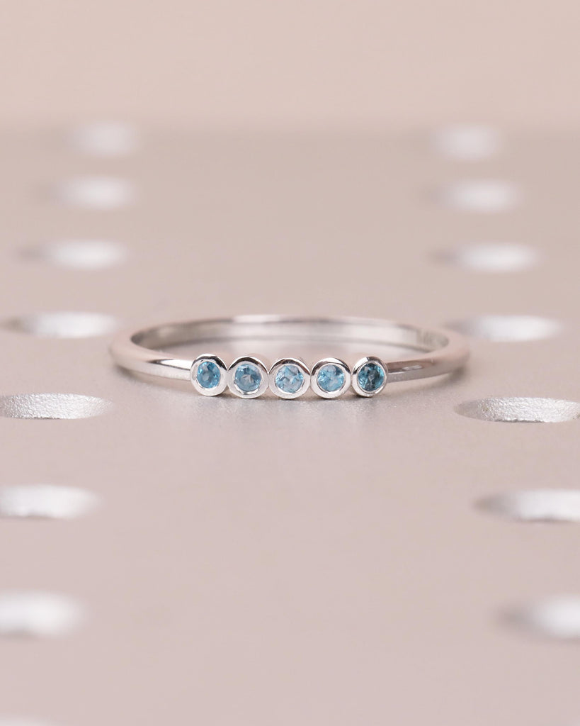 Natural Blue Topaz Ring, Wedding Band Women, Dainty 14k White Gold Stacking Ring, Unique Birthstone Jewelry, 5 Stone Vintage Gemstone Rings image #7
