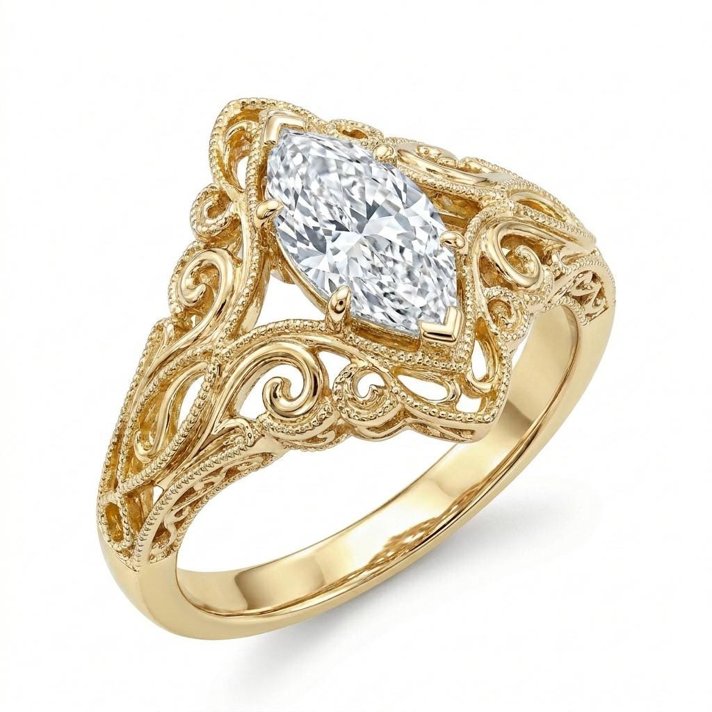 Marquise Moissanite Engagement Ring: Vintage Art Deco Solid Gold Filigree (0.5-4ct) image #4