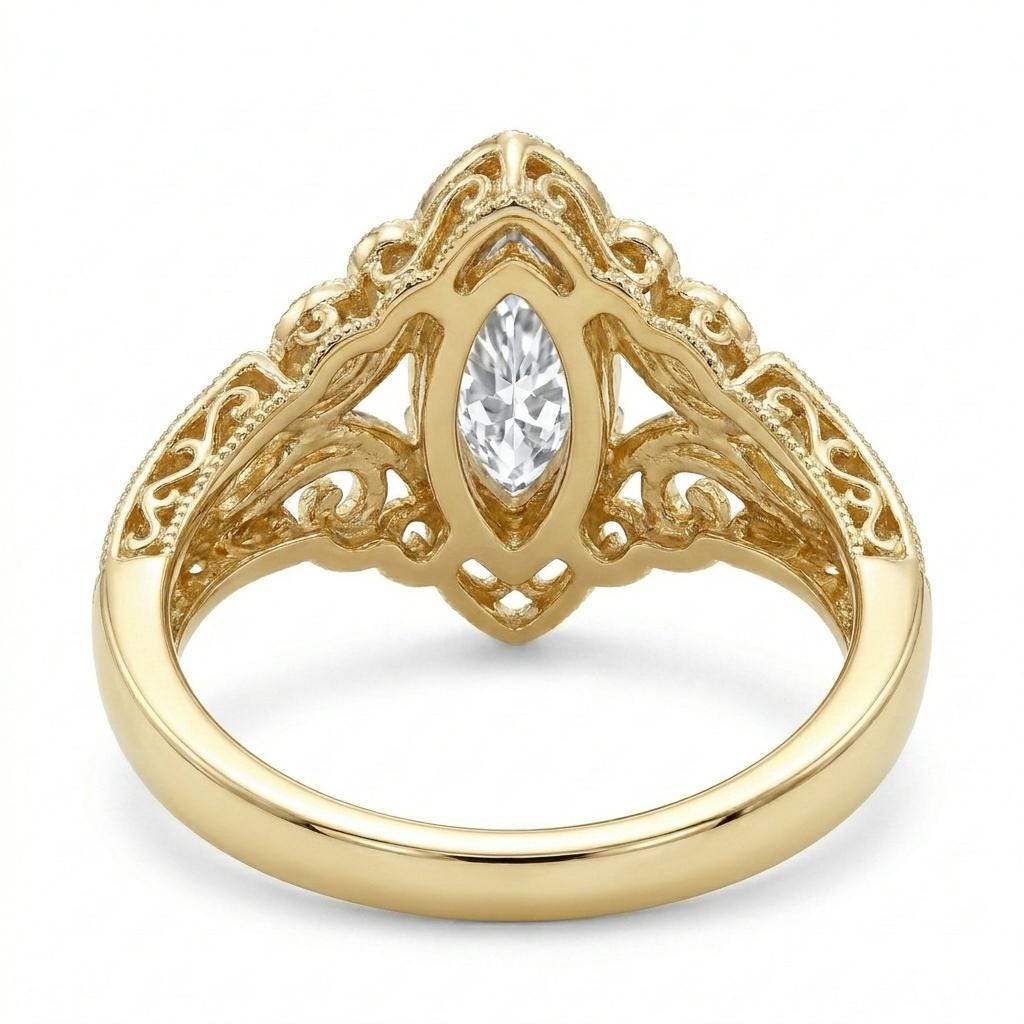 Marquise Moissanite Engagement Ring: Vintage Art Deco Solid Gold Filigree (0.5-4ct) image #5