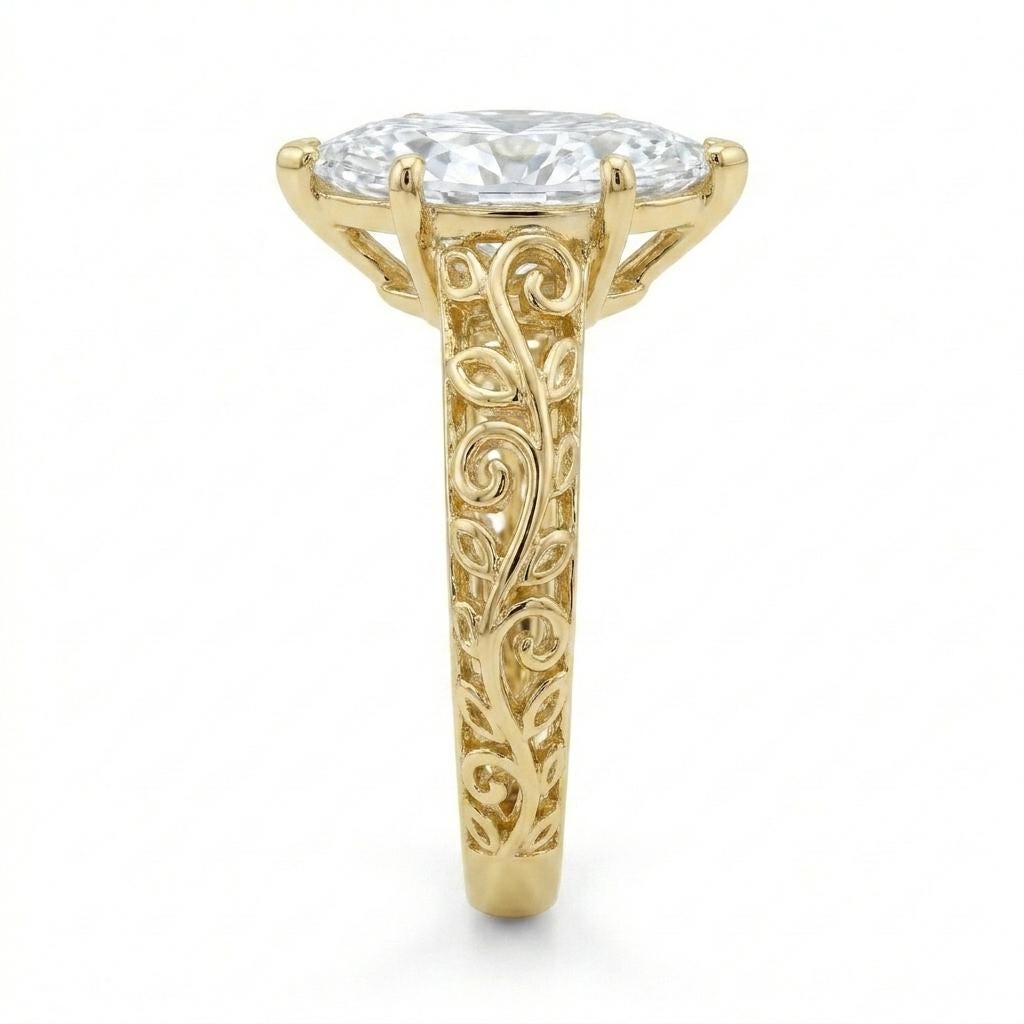 Victorian Marquise Solitaire Engagement Ring | Moissanite Leaf Ring | 14k Yellow Gold Art Deco Wedding Ring | Nature Inspired Jewelry image #3