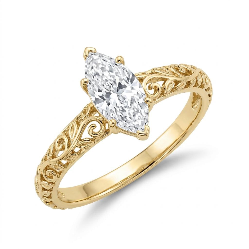 Victorian Marquise Solitaire Engagement Ring | Moissanite Leaf Ring | 14k Yellow Gold Art Deco Wedding Ring | Nature Inspired Jewelry image #5