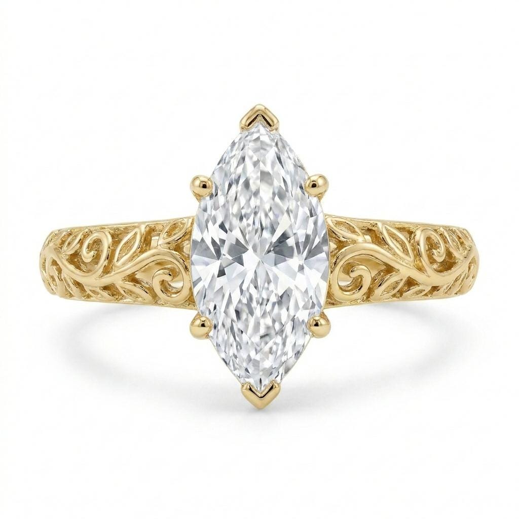 Victorian Marquise Solitaire Engagement Ring | Moissanite Leaf Ring | 14k Yellow Gold Art Deco Wedding Ring | Nature Inspired Jewelry image #4
