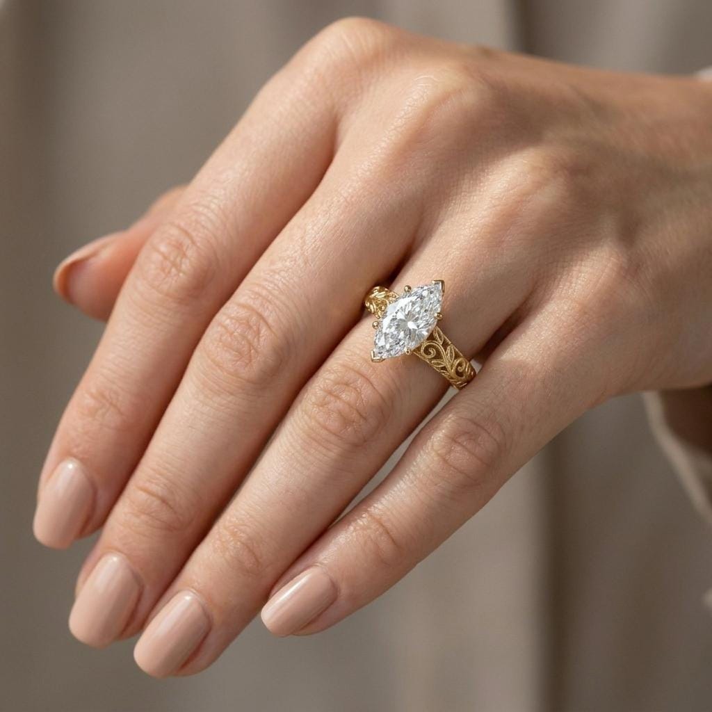 Victorian Marquise Solitaire Engagement Ring | Moissanite Leaf Ring | 14k Yellow Gold Art Deco Wedding Ring | Nature Inspired Jewelry image #2