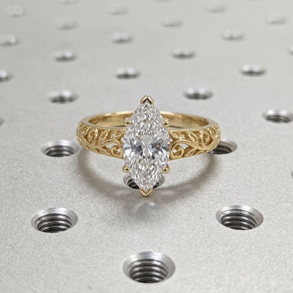 Vintage 1.5ct Moissanite Solitaire Engagement Ring, 14k Solid Gold Vine & Leaf Promise Ring, Marquise Cut Ring, Antique Wedding Band