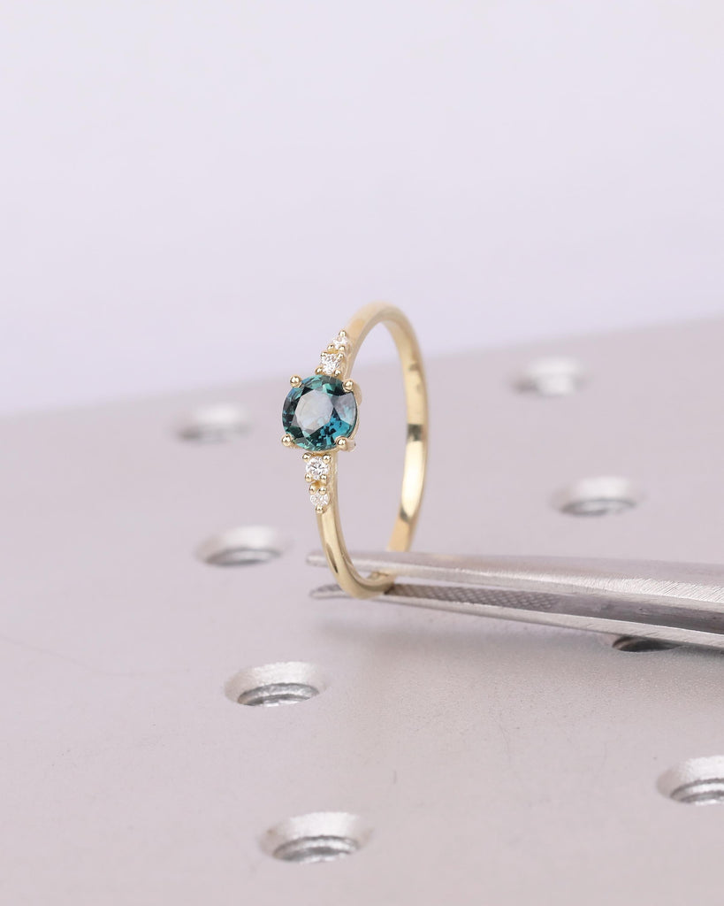 0.5ct Teal Sapphire Engagement Ring, 14k Solid Gold Promise Rings for Women, Diamond and September Birthstone Ring, Vintage Gemstone Jewelry image #13
