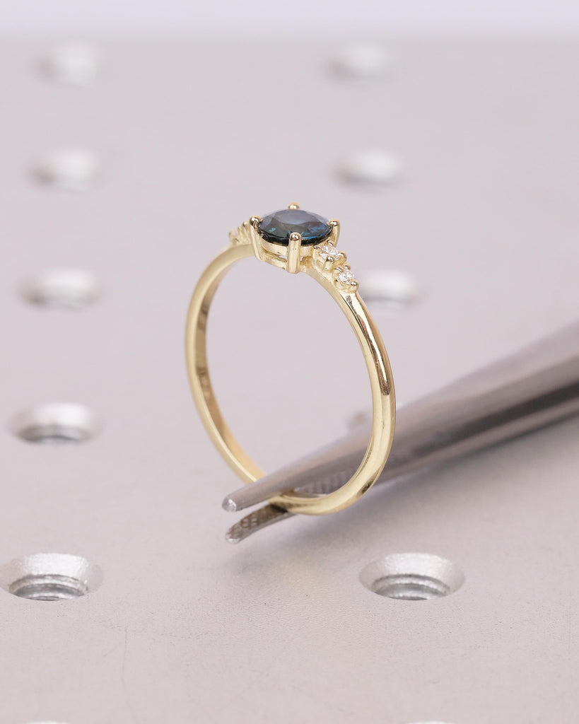 0.5ct Teal Sapphire Engagement Ring, 14k Solid Gold Promise Rings for Women, Diamond and September Birthstone Ring, Vintage Gemstone Jewelry image #12