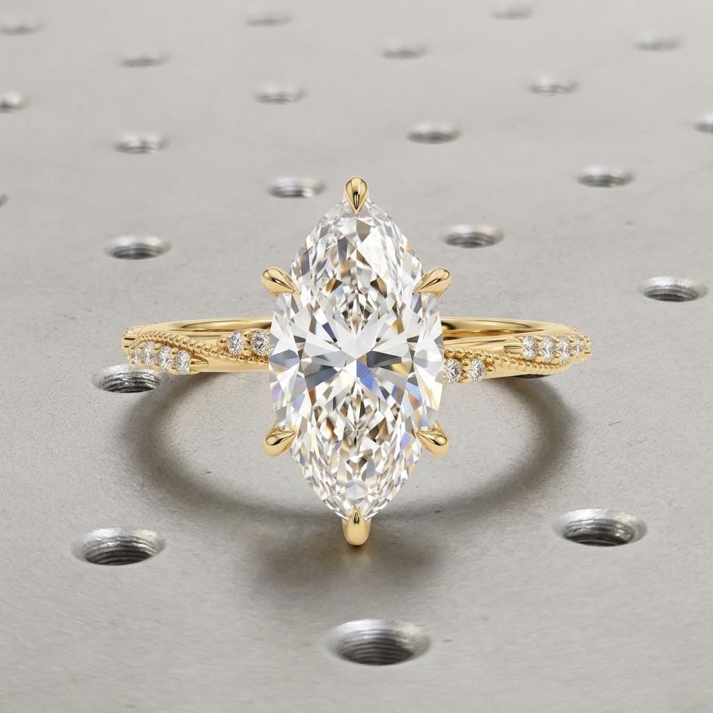 Moissanite Marquise Ring, Art Deco 18k/14k Yellow Gold Promise Ring for Her, Milgrain Wedding Anniversary Ring, Unique Personalized Ring image #3