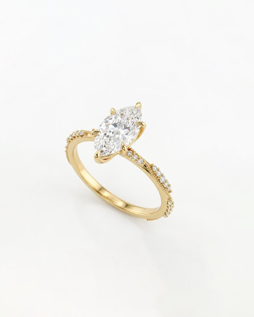 Moissanite Marquise Ring, Art Deco 18k/14k Yellow Gold Promise Ring for Her, Milgrain Wedding Anniversary Ring, Unique Personalized Ring image #4