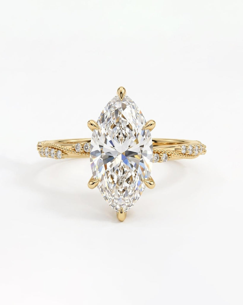 1.5 Carat Marquise Cut Lab Diamond Ring, 14k Gold Engagement Ring, Milgrain Band image #7