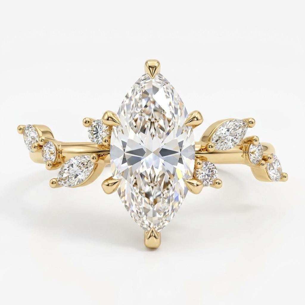 Marquise Moissanite Engagement Ring, Diamond Whisper Side Stone Unique Leaf Vine Wedding Band, Solid Yellow Gold Cluster Bridal Ring For Her image #2
