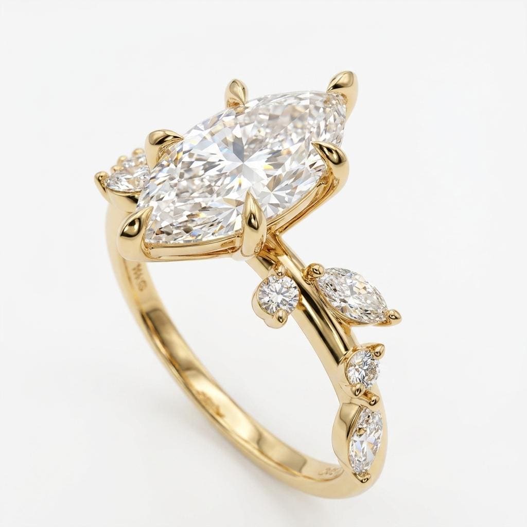 Handmade Marquise Lab Diamond Cluster Ring, 14K Yellow Gold Nature Inspired Engagement Proposal Ring, Anniversary Gift