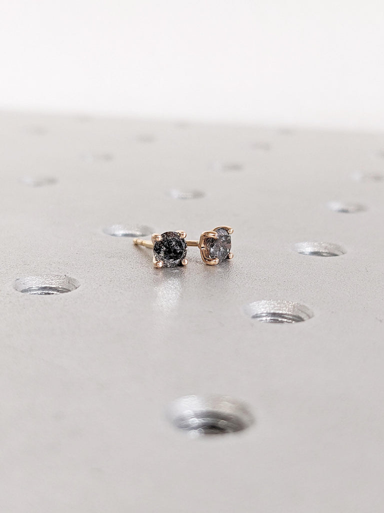 Round Salt and Pepper Diamond Earring, Dainty 14k Rose Gold Stud Earring for Her, Vintage Jewelry, Minimalist Handmade Earrings for Women image #6