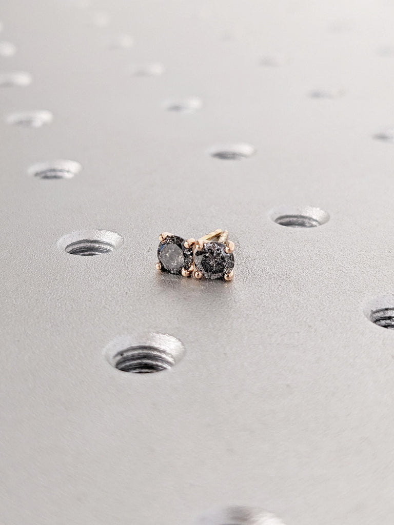 Round Salt and Pepper Diamond Earring, Dainty 14k Rose Gold Stud Earring for Her, Vintage Jewelry, Minimalist Handmade Earrings for Women image #4