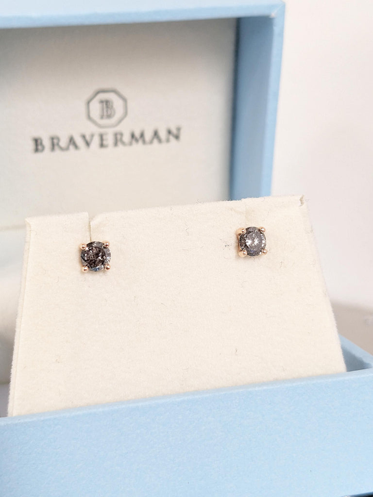Round Salt and Pepper Diamond Earring, Dainty 14k Rose Gold Stud Earring for Her, Vintage Jewelry, Minimalist Handmade Earrings for Women image #3