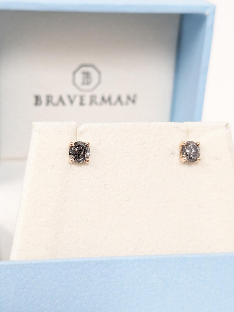Round Salt and Pepper Diamond Earring, Dainty 14k Rose Gold Stud Earring for Her, Vintage Jewelry, Minimalist Handmade Earrings for Women image #7