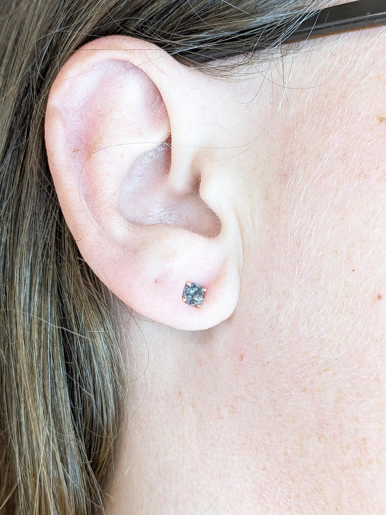 Round Salt and Pepper Diamond Earring, Dainty 14k Rose Gold Stud Earring for Her, Vintage Jewelry, Minimalist Handmade Earrings for Women image #9