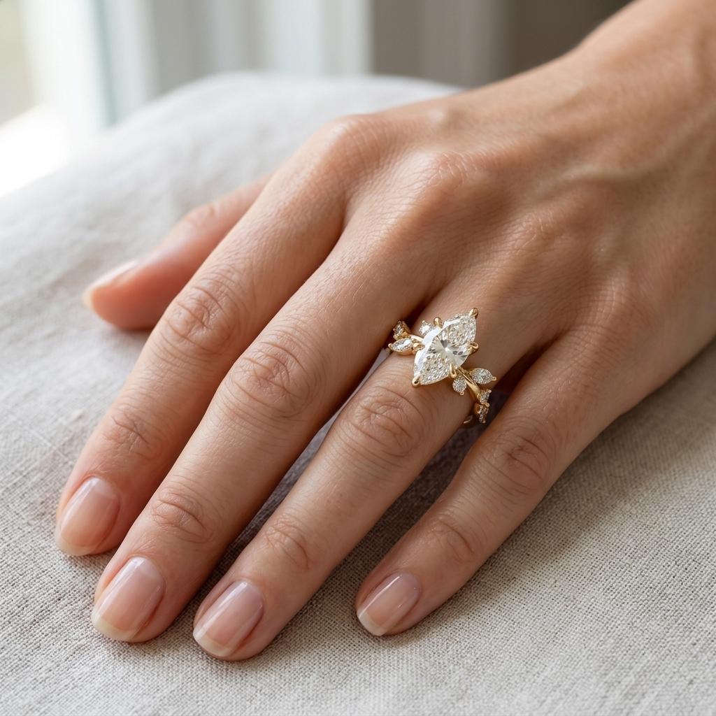 14k/18k Gold Leaf Diamond Whisper Engagement Ring, Marquise Cut Moissanite Ring, Cluster Bridal Ring