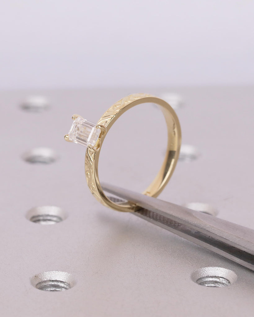 14k Gold Emerald Cut Moissanite Ring, Filigree Minimalist Engagement Ring, Vintage Jewelry image #13