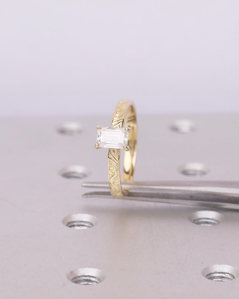 Solitaire Moissanite Engagement Ring, Emerald Cut Ring, 14k Solid Gold Filigree Ring, Vintage Style Rings for Women, Unique Wedding Jewelry image #11