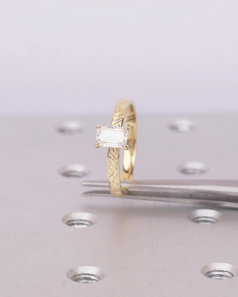 14k Gold Emerald Cut Moissanite Ring, Filigree Minimalist Engagement Ring, Vintage Jewelry image #11