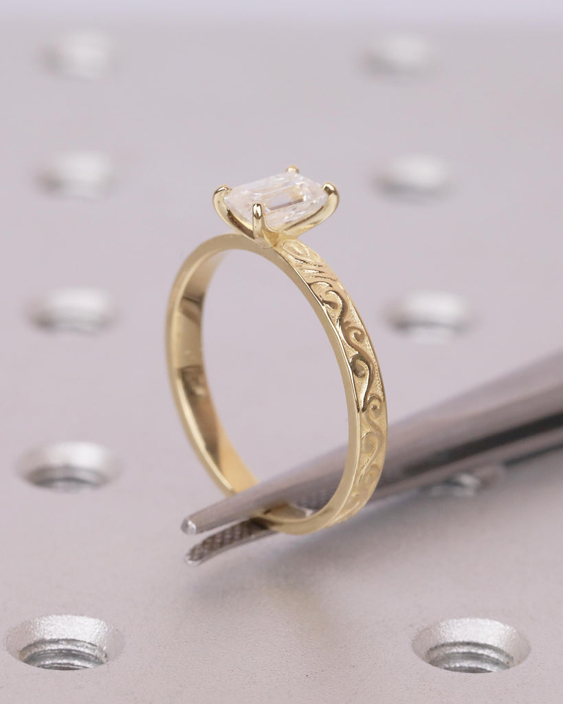 Solitaire Moissanite Engagement Ring, Emerald Cut Ring, 14k Solid Gold Filigree Ring, Vintage Style Rings for Women, Unique Wedding Jewelry image #3