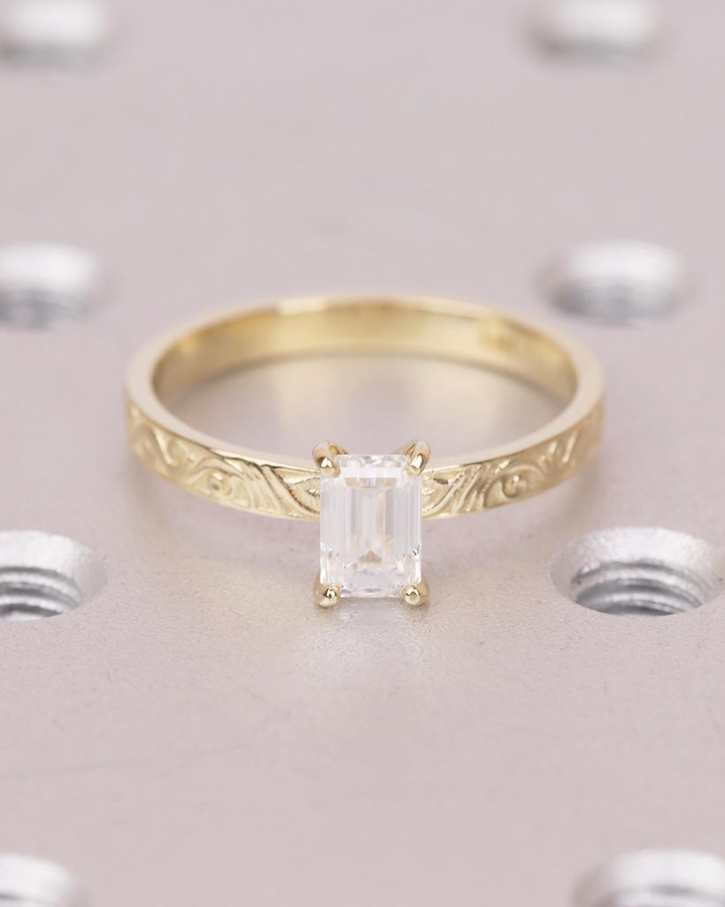 Solitaire Moissanite Engagement Ring, Emerald Cut Ring, 14k Solid Gold Filigree Ring, Vintage Style Rings for Women, Unique Wedding Jewelry image #17
