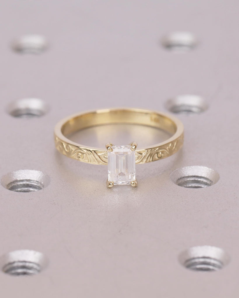 Emerald Cut Engagement Ring, IGI Certified Lab Grown Diamond Wedding Ring, 14k Yellow Gold Filigree Solitaire Rings, Vintage Bridal Jewelry image #4