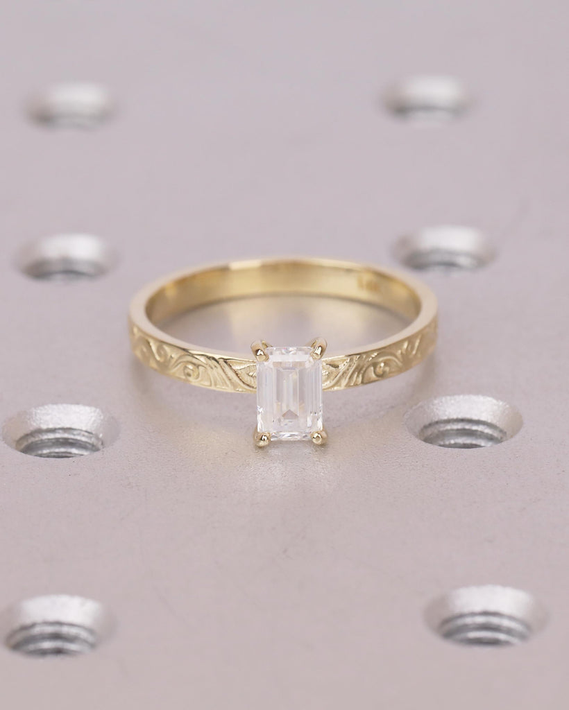 Solitaire Moissanite Engagement Ring, Emerald Cut Ring, 14k Solid Gold Filigree Ring, Vintage Style Rings for Women, Unique Wedding Jewelry image #9