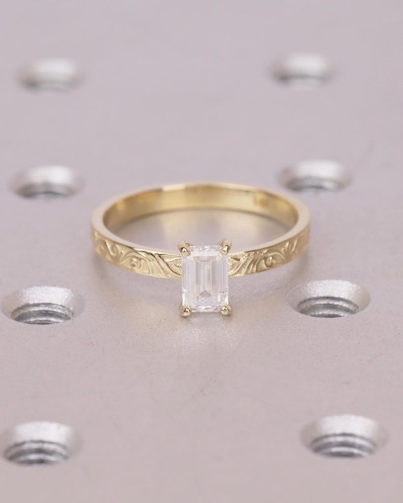 14k Gold Emerald Cut Moissanite Ring, Filigree Minimalist Engagement Ring, Vintage Jewelry image #9