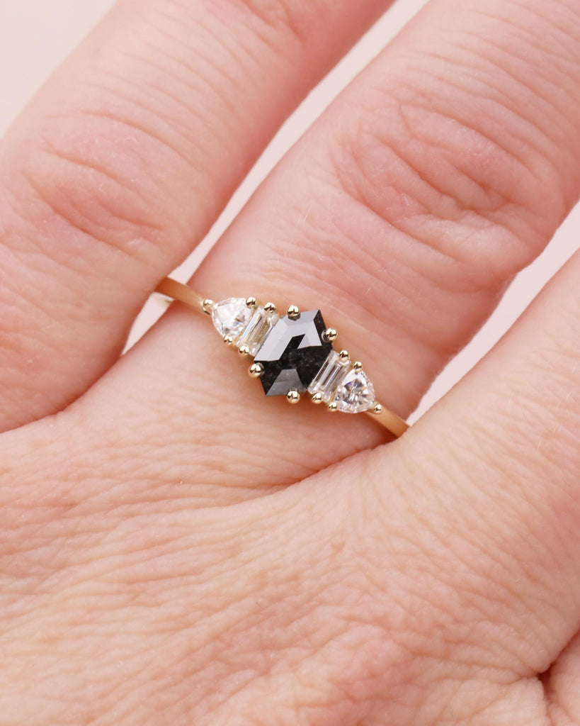 14k Gold Salt and Pepper Diamond Hexagon Ring, Baguette, Trillion Cut Moissanite Side Stones