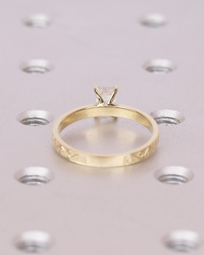 14k Gold Emerald Cut Moissanite Ring, Filigree Minimalist Engagement Ring, Vintage Jewelry image #7