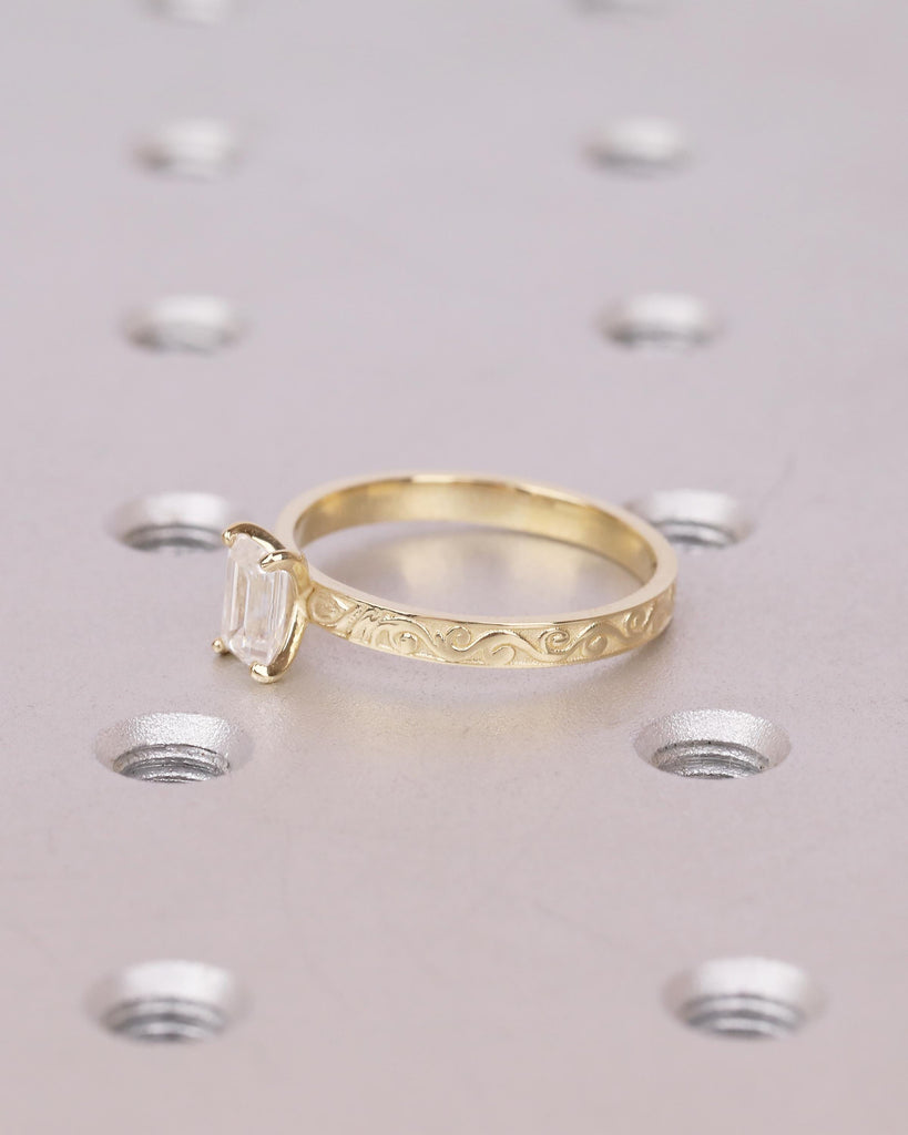 14k Gold Emerald Cut Moissanite Ring, Filigree Minimalist Engagement Ring, Vintage Jewelry image #5