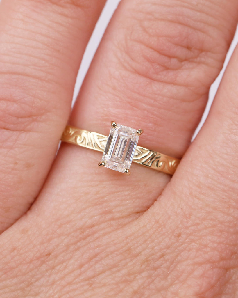 Solitaire Moissanite Engagement Ring, Emerald Cut Ring, 14k Solid Gold Filigree Ring, Vintage Style Rings for Women, Unique Wedding Jewelry image #2