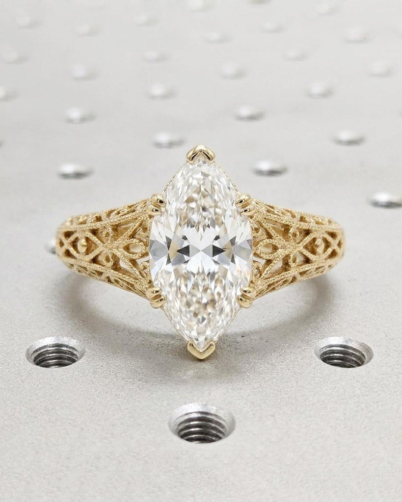 14K Gold Marquise cut Moissanite Filigree Engagement Ring / Fleur-de-lis Antique Style Ring / Edwardian Ring / Vintage Wedding Ring for Her