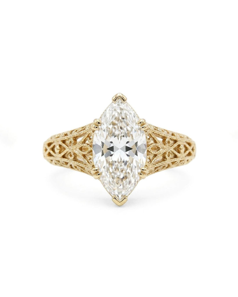 14K Gold Marquise cut Moissanite Filigree Engagement Ring / Fleur-de-lis Antique Style Ring / Edwardian Ring / Vintage Wedding Ring for Her image #3
