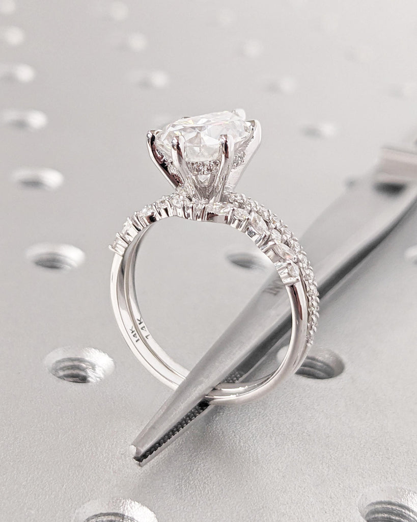 Pear Lab Grown Diamond Engagement Ring Set, 14K Gold Hidden Halo Ring Set, Alternating Round Marquise Curved Wedding Band, Dainty Bridal Set image #8