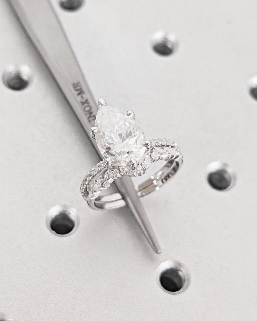 Pear Moissanite Engagement Ring Set | 14K Gold Hidden Halo Ring Set | Alternating Round Marquise Curved Wedding Band | Stackable Bridal Set image #4