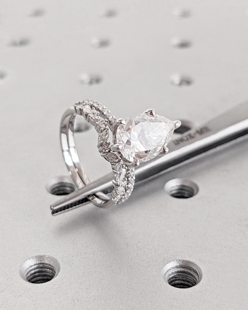 Pear Moissanite Engagement Ring Set | 14K Gold Hidden Halo Ring Set | Alternating Round Marquise Curved Wedding Band | Stackable Bridal Set image #6
