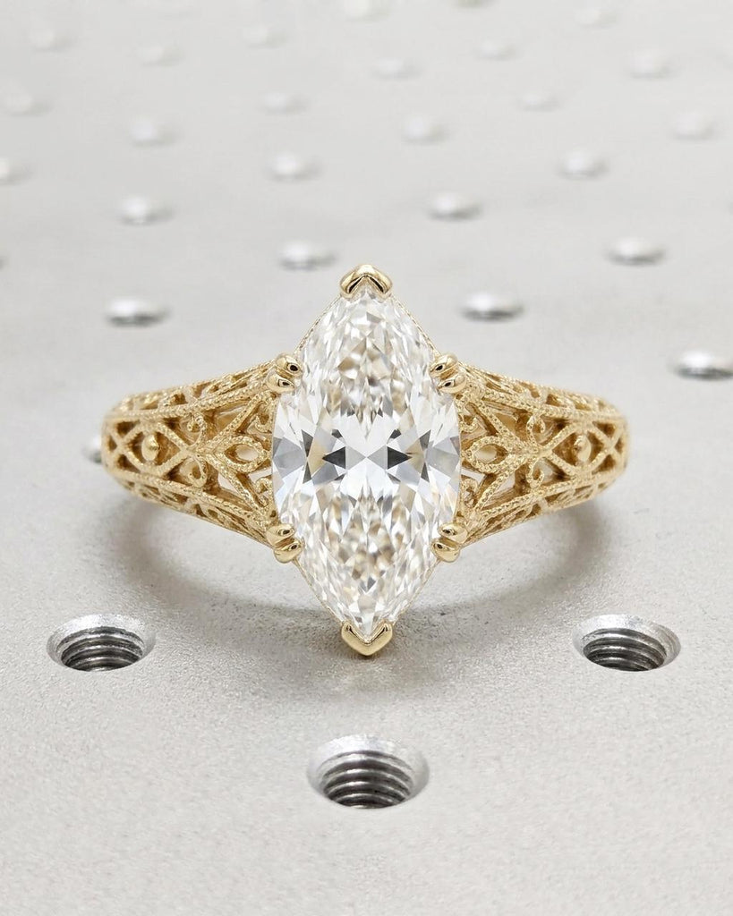 Vintage Wedding Ring: 1.5CT Lab Grown Diamond, Marquise Engagement Ring, Victorian Lace Filigree, Gold Promise Ring image #1