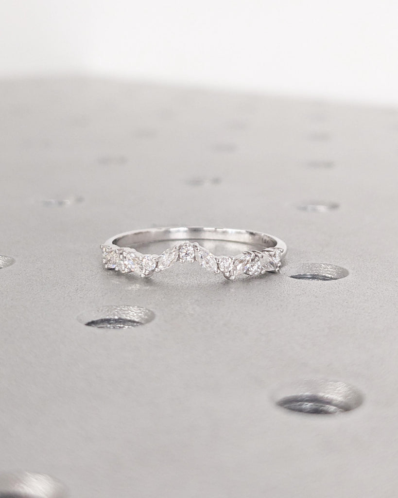 14K White Gold Half Eternity Curved Wedding Band | Alternating Marquise Round Diamond, Lab Grown Diamond or Moissanite | Unique Women's Ring image #10
