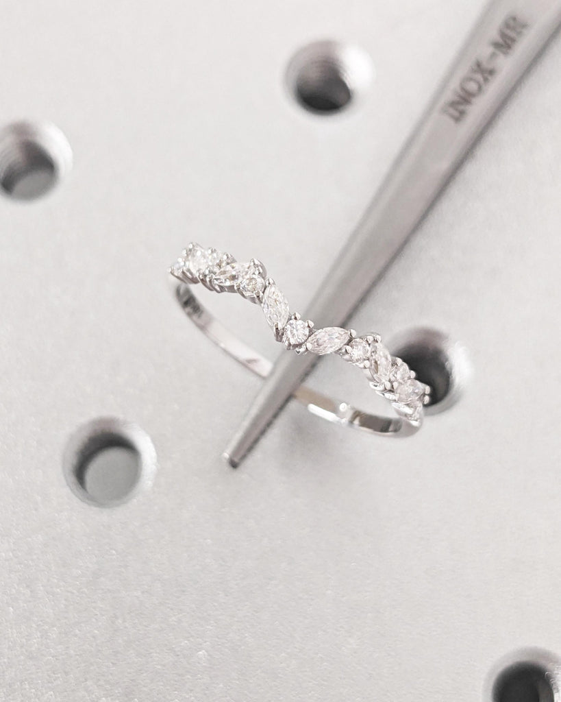 Alternating Marquise Round Diamond Ring, 14K Solid Gold Marquise Diamond Wedding Ring, Half Eternity Band, Notched Wedding Band, Unique Ring image #8