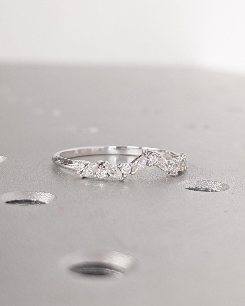 14K White Gold Half Eternity Curved Wedding Band | Alternating Marquise Round Diamond, Lab Grown Diamond or Moissanite | Unique Women's Ring image #4