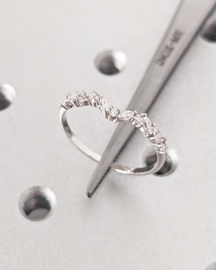 Alternating Marquise Round Diamond Ring, 14K Solid Gold Marquise Diamond Wedding Ring, Half Eternity Band, Notched Wedding Band, Unique Ring image #9