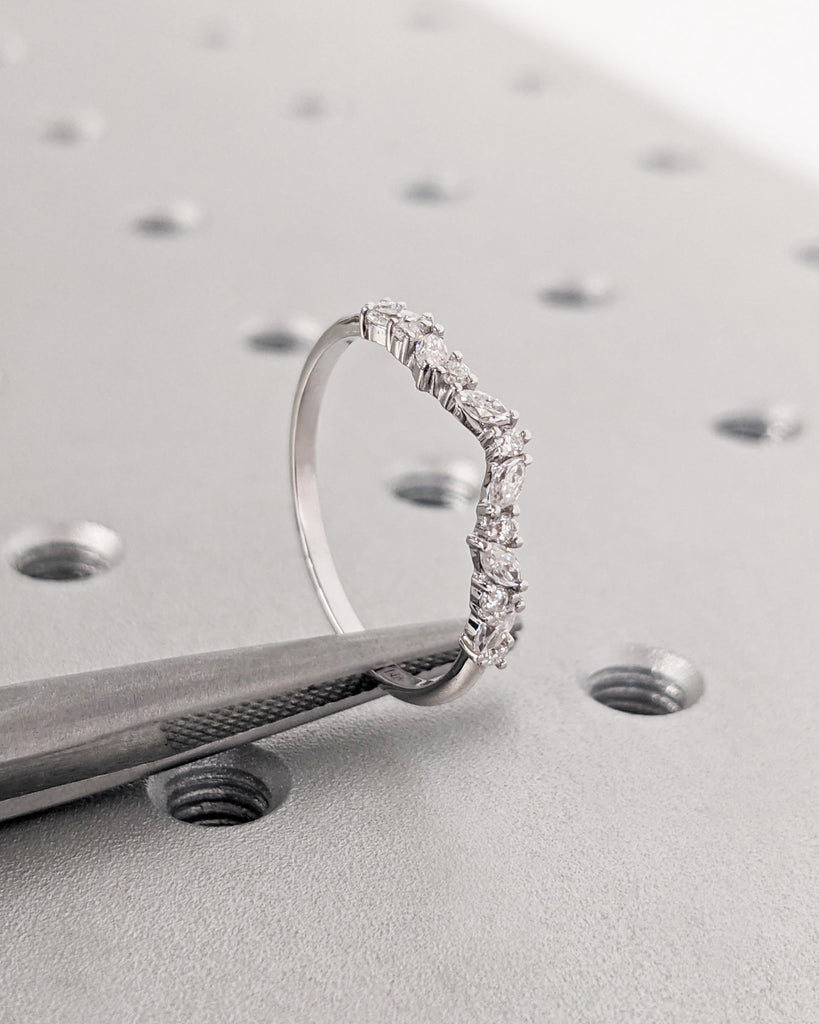 14K White Gold Half Eternity Curved Wedding Band | Alternating Marquise Round Diamond, Lab Grown Diamond or Moissanite | Unique Women's Ring image #9