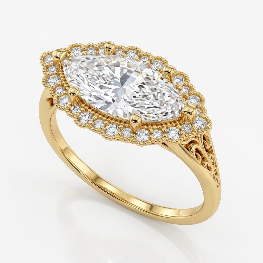 Marquise Moissanite Halo Engagement Rings | 14k/18k Gold East West Ring | Unique Bridal Jewelry Victorian Ring image #3
