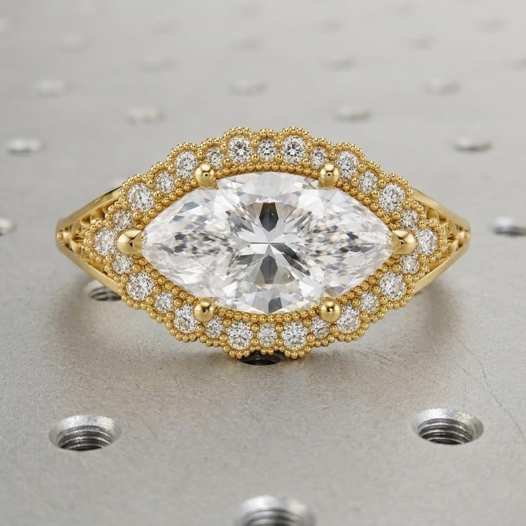 Marquise Moissanite Halo Engagement Rings | 14k/18k Gold East West Ring | Unique Bridal Jewelry Victorian Ring