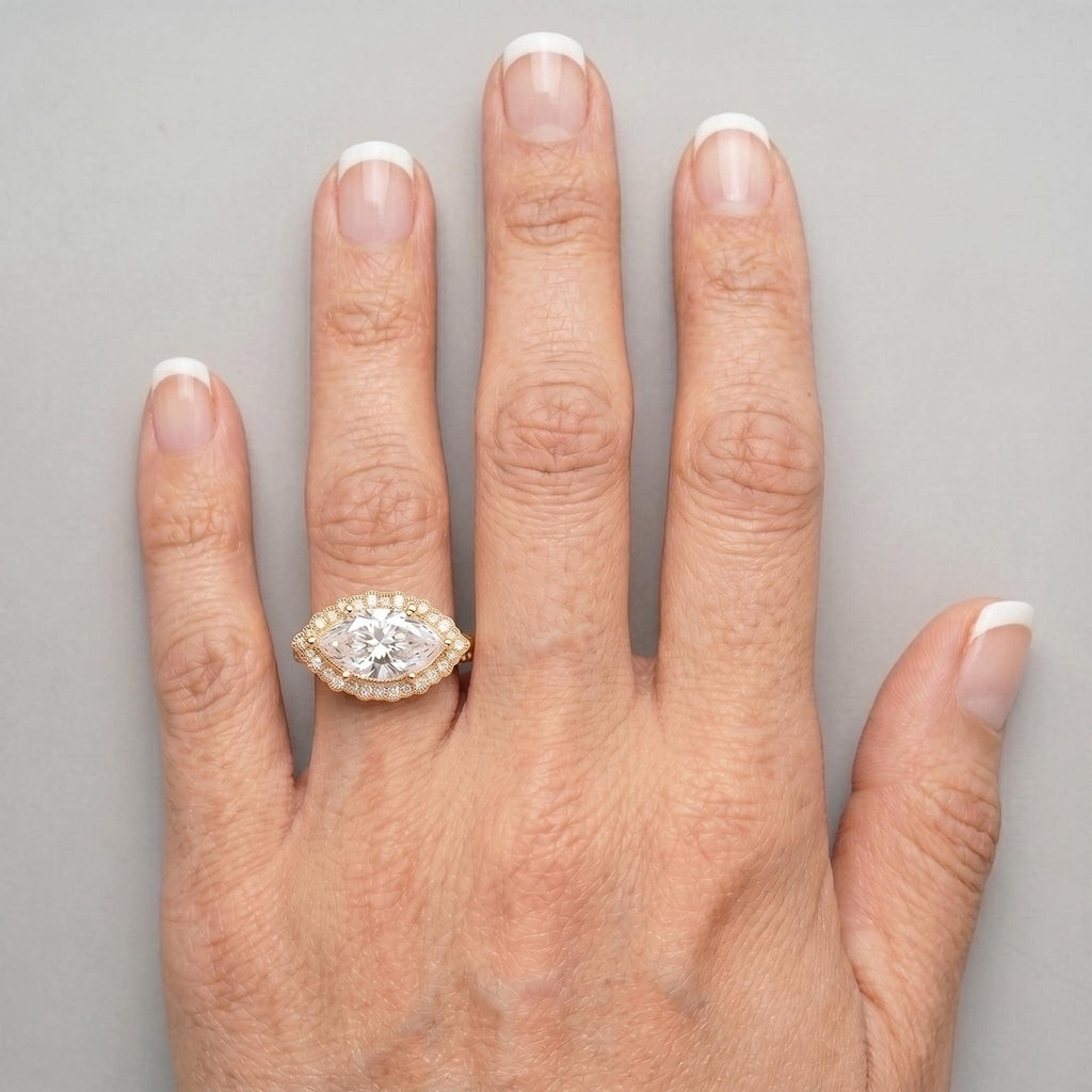 Marquise Moissanite Halo Engagement Rings | 14k/18k Gold East West Ring | Unique Bridal Jewelry Victorian Ring image #2