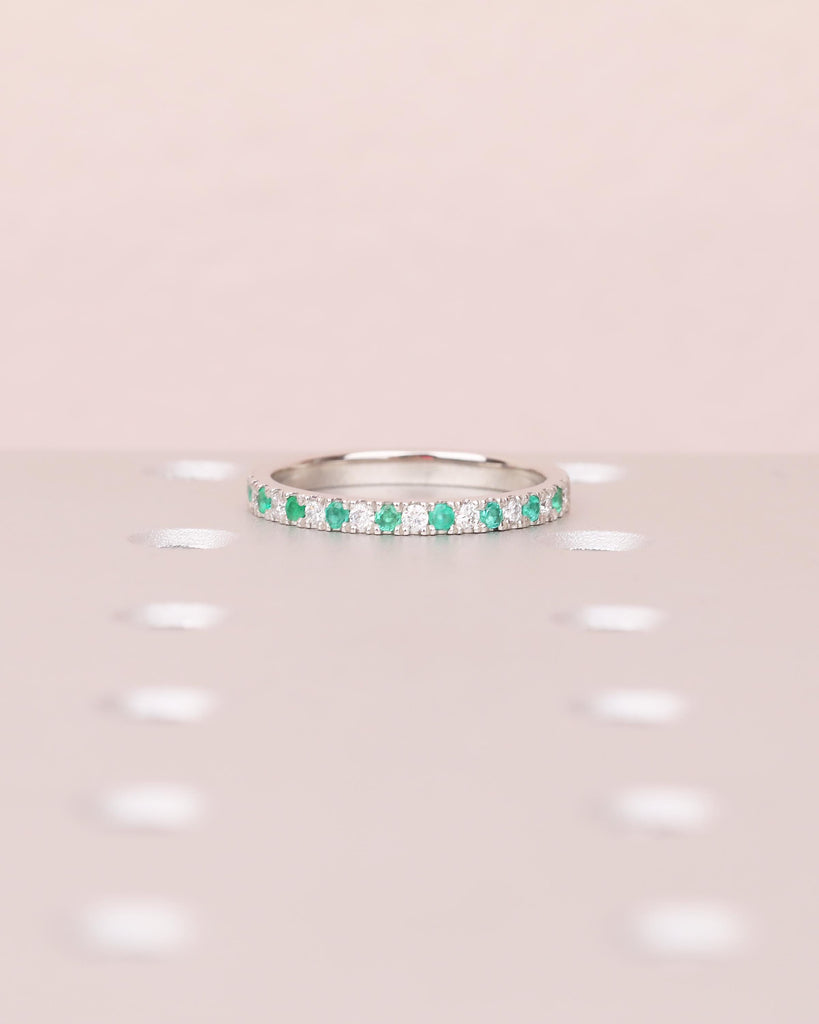 Emerald Diamond Wedding Band Women, Platinum Half Eternity Ring, Dainty Wedding Band, Green Gemstone Jewelry, Unique May Birthstone Rings image #10